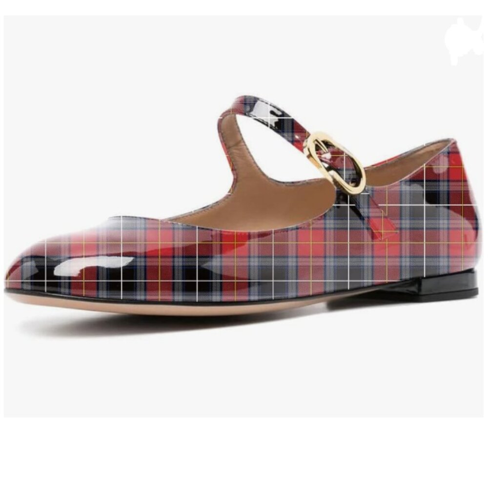 FYS Red Check Round Toe Mary Janes Cute Slim Strap Ballet Flats Comfy Walking